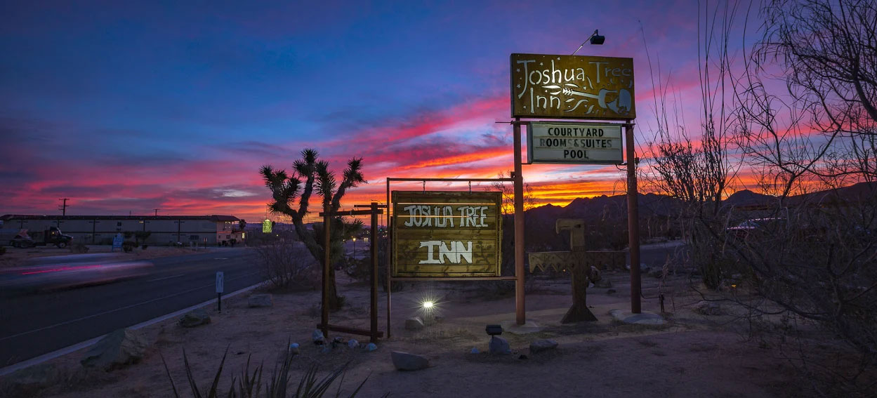 The front courtyard with the joshua tree inn sign surrounded by native Joshua tree plant life and a sunset.